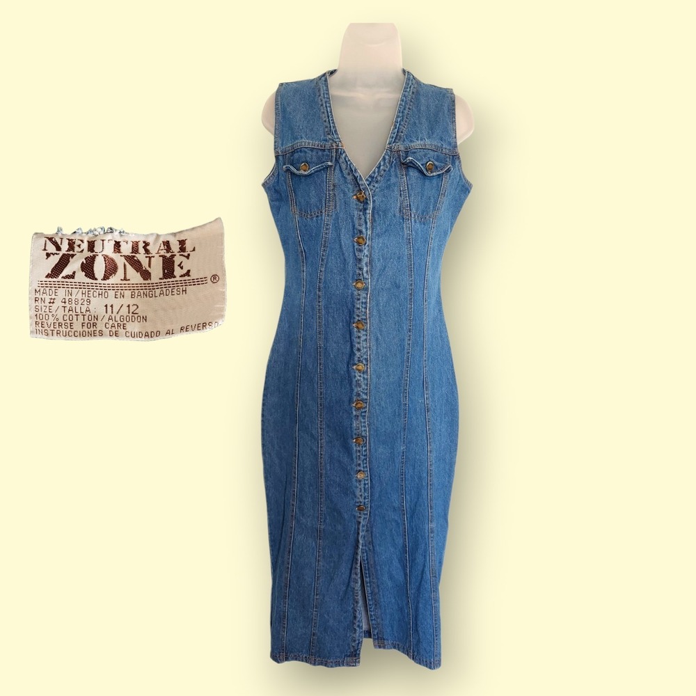 VTG 90s Neutral Zone Denim Midi Dress Medium 11/12 Button Down Grunge Bodycon